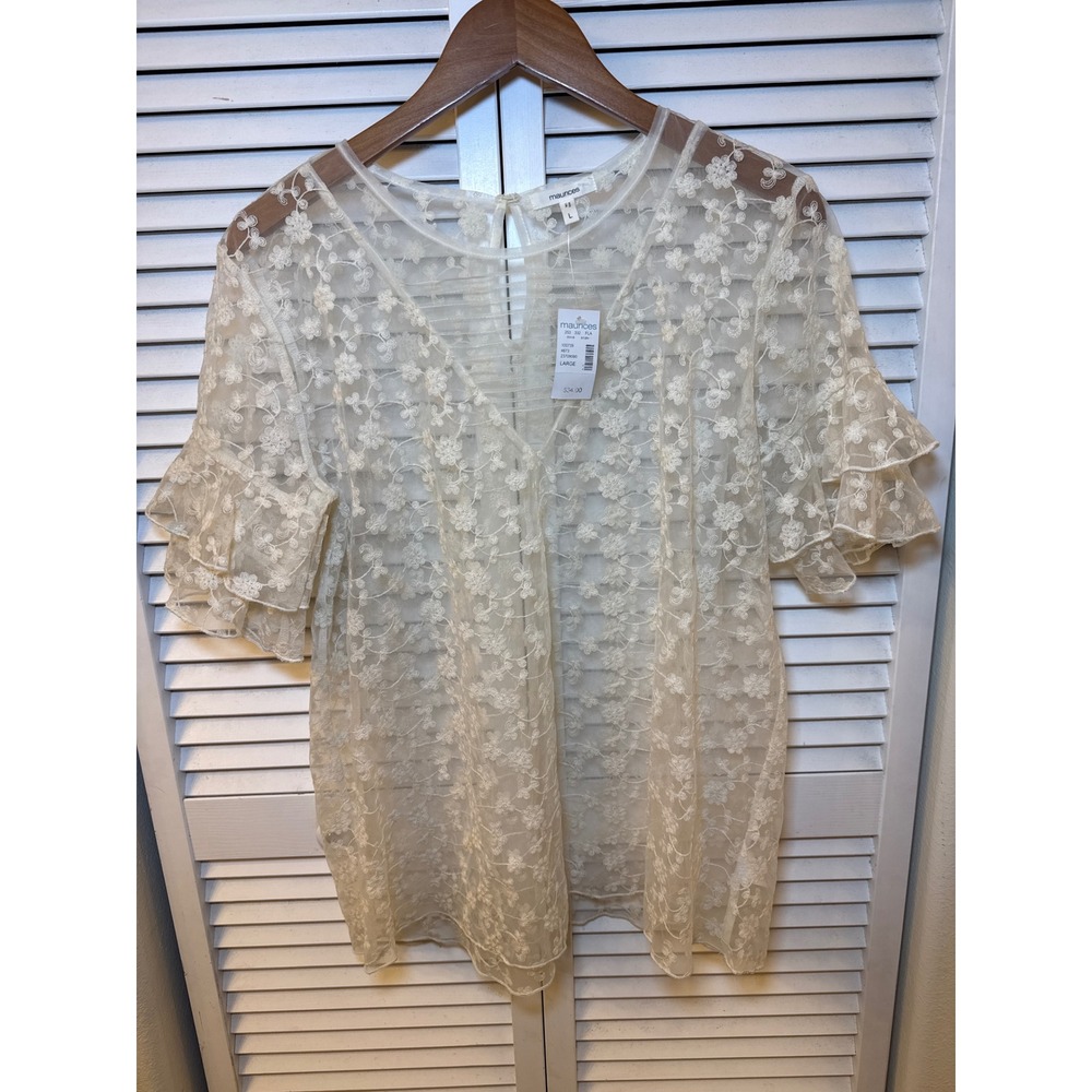 Maurices Cream Floral Lace Top Sheer Ruffle Sleeve V-Neck Blouse Large NWT
